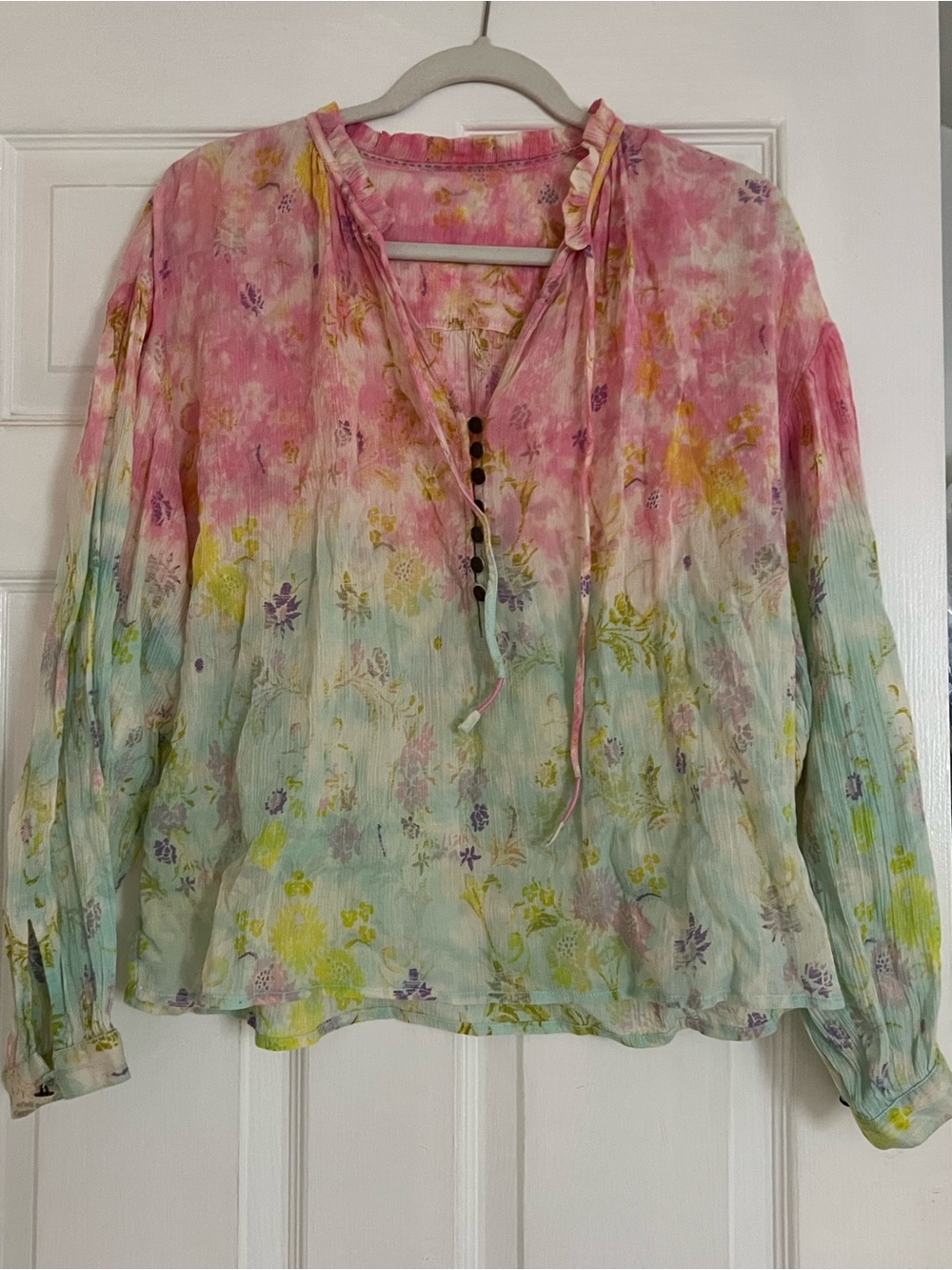 Anthropologie Pink & Mint Floral Tie-Dye Peasant Blouse